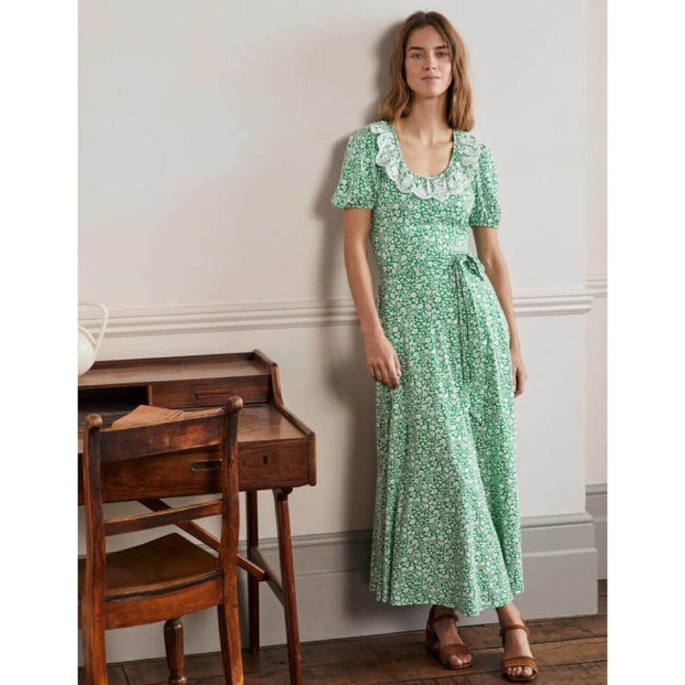 Boden Jersey Green Wildflower Short Sleeve Waist Belt Pullover Maxi Dress Sz 14R